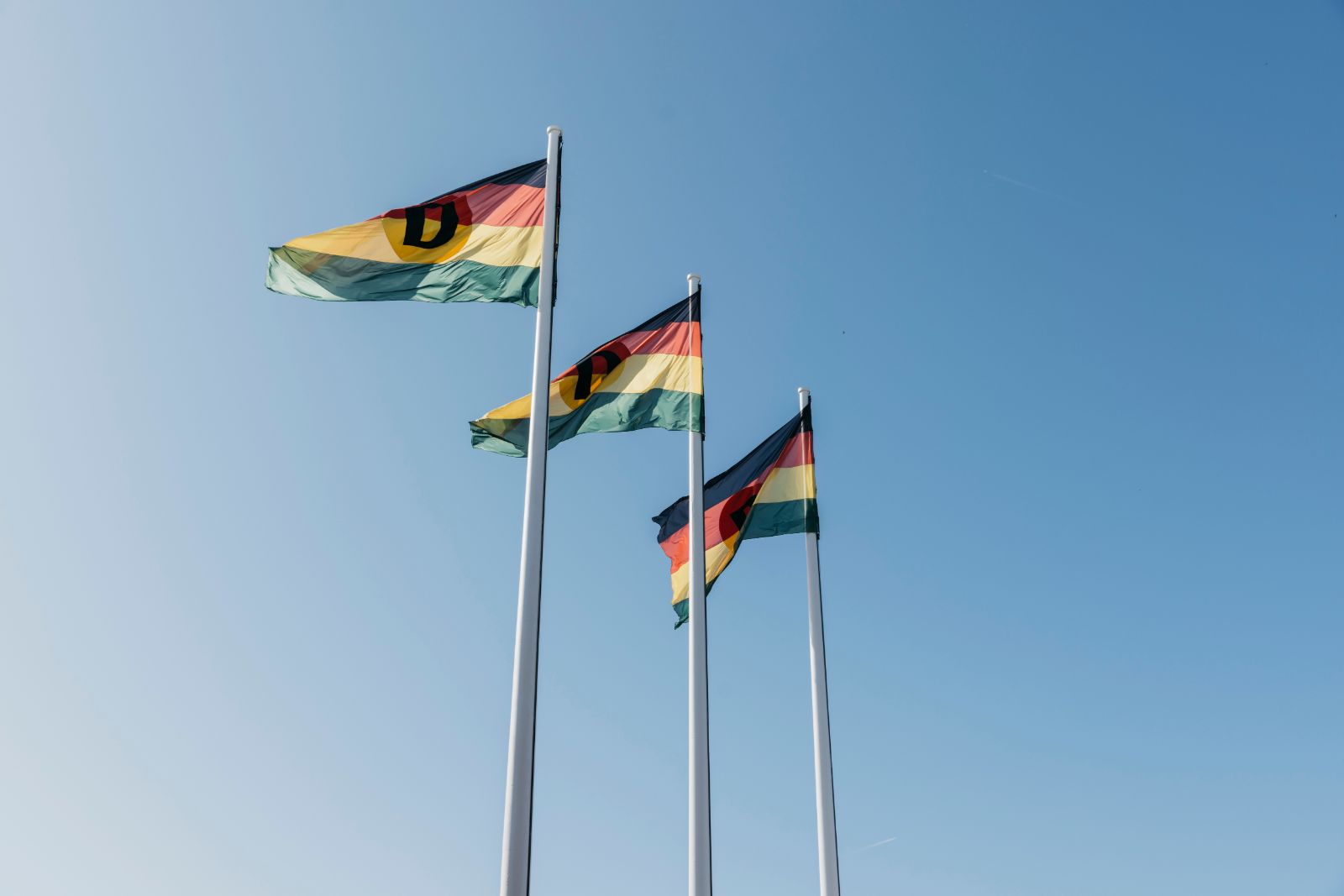 Drei Flaggen in Schwarz-Rot-Gold-Grün. Jede Flagge trägt einen Buchstaben. Die ersten zwei ein "D", die letzte ein "R".